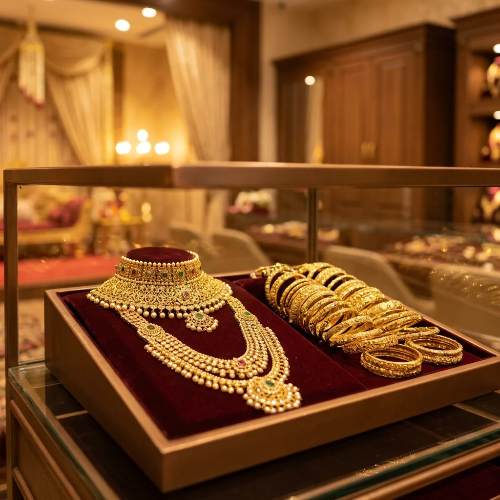 Best jewellery shop in Valliyur - Sri Shunmugam Jewellers showroom display